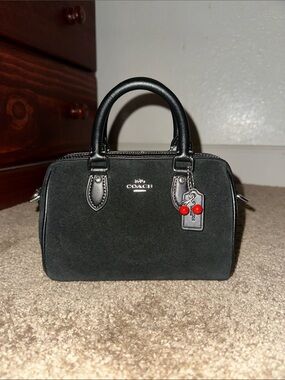 Coach Black Suede Mini Rowan with Red Cherry Charm 🍒 (Authentic)